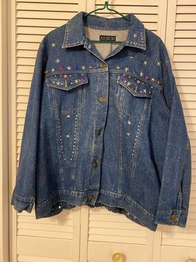 VTG 90s Womens Western Jean Denim Jacket Stars Gemstones Artsy Size 2XL Festival